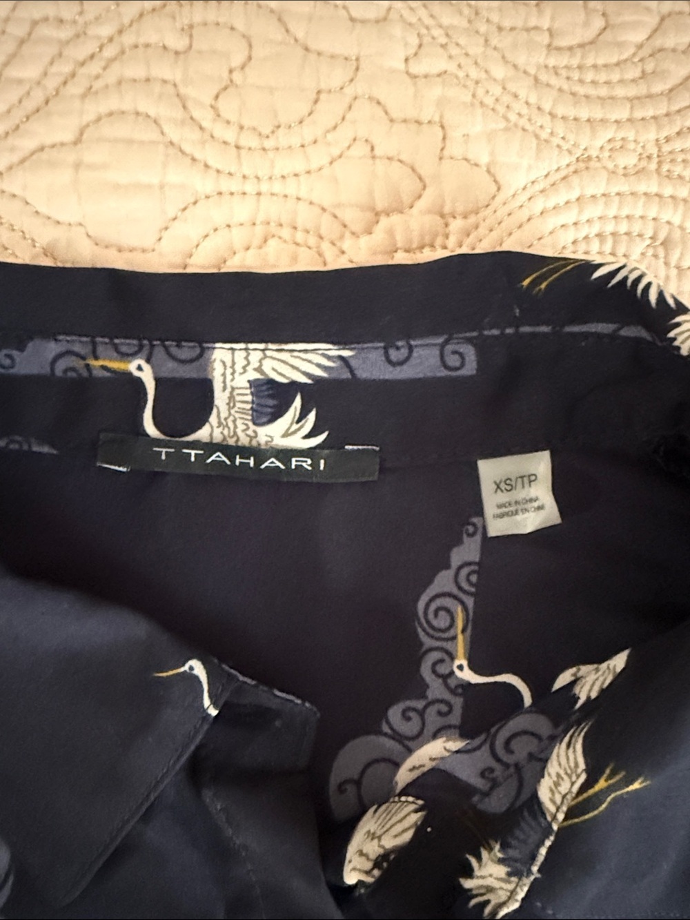 T Tahari Navy Crane-Print Button-Up Shirt - Picture 3 of 5